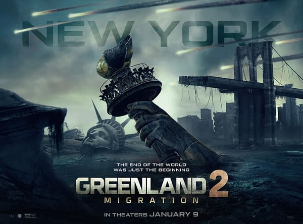 A poster for 'Greenland 2: Migration' featuring a dystopian New York City landscape with a partially submerged Statue of Liberty, destroyed buildings, and meteor trails in a dark sky, promoting a film release in theaters on January 9.