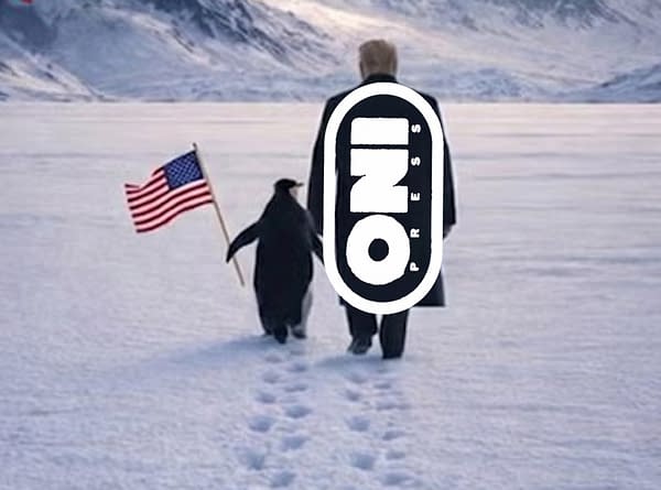 A mashup of the Whote House Greenland AI pic with Donald Trump and a penguin that wouldn't be in the North hemisphere anyway, with the Oni logo laid over Trump's figure for comedy effect