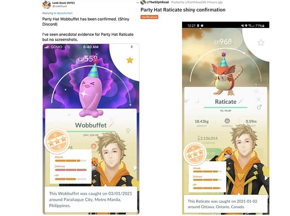 Pokémon GO Players verifying Wobbuffet and Raticate's event Shinies in Pokémon GO. Credit: Twitter & Reddit