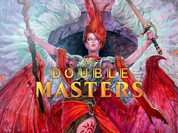 The logo for Double Masters, with new deluxe artwork for Kaalia of the Vast in the background.