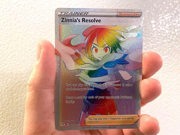 Evolving Skies Zinnia's Resolve Rainbow Rare. Credit: Pokémon TCG