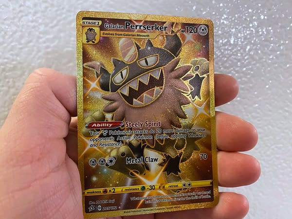 Shiny Perrserker Gold Card from Rebel Clash. Credit: Pokémon TCG