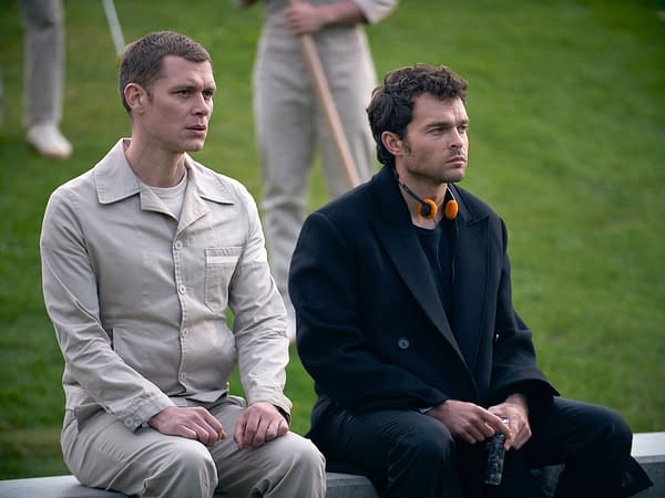 BRAVE NEW WORLD -- Episode 108 -- Pictured: (l-r) Joseph Morgan as Cjack 60/57, Alden Ehrenreich as John the Savage -- (Photo by: Steve Schofield/Peacock)