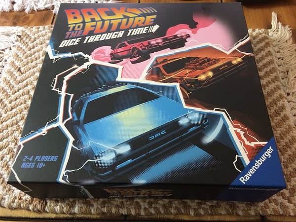 The front lid of Back to the Future: Dice Through Time, a new board game by Ravensburger.