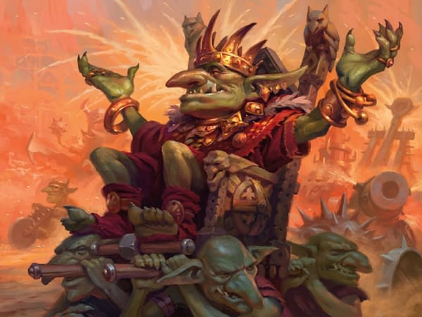 The artwork for Muxus, Goblin Grandee, a new card from Jumpstart, an upcoming Sealed-based expansion set for Magic: The Gathering. Illustrated by Dimitry Burmak.