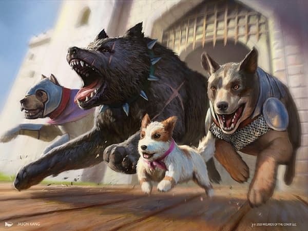 Artwork for Release the Dogs, a new card from Jumpstart, an upcoming Limited-centric expansion set for Magic: The Gathering. Illustrated by Jason Kang.