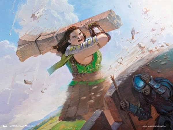 The artwork for Towering Titan, a new card from Jumpstart, an upcoming Limited-style expansion set for Magic: The Gathering. Illustrated by Victor Adame Minguez.