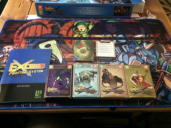 The interior array of components for the Exceed Fighting System's Plague Knight boxed set by Level 99 Games.