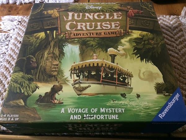 The front lid from the box for Disney's Jungle Cruise Adventure Game, a board game by Ravensburger.