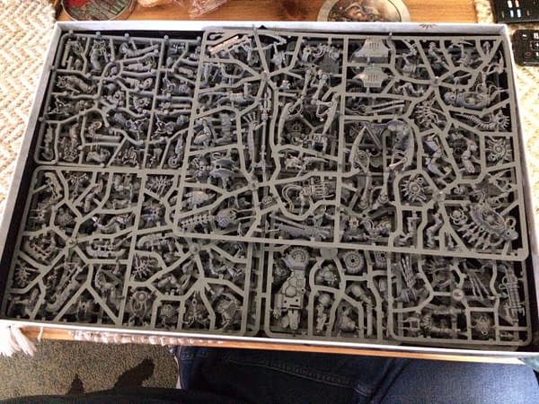 An image showing all of the sprues fit together in the Indomitus box for Warhammer 40,000's ninth edition by Games Workshop.