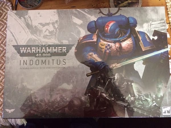 The front lid of the box for Indomitus, the new release coinciding with the new ninth edition of Games Worskhop's game, Warhammer 40,000.