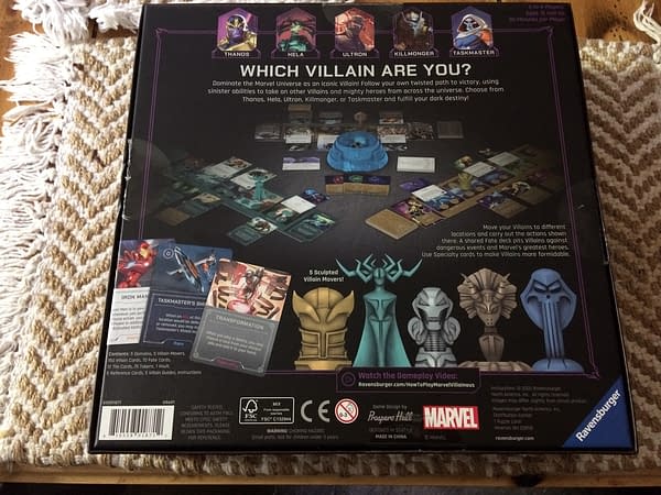 The back lid for Marvel Villainous: Infinite Power, a new board game by Ravensburger.