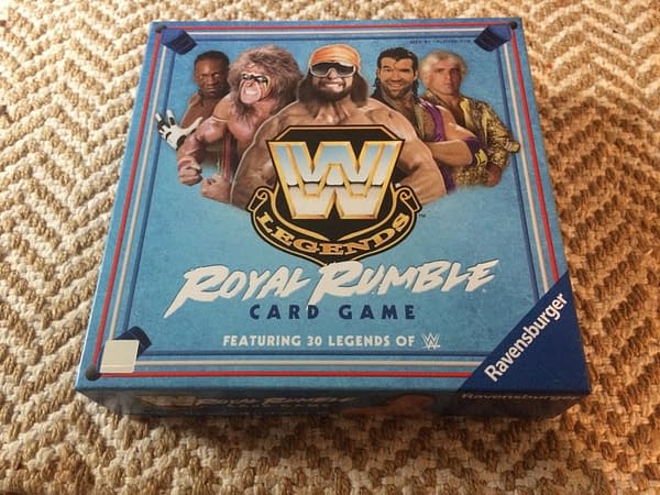 The front lid for the WWE Legends Royal Rumble Card Game by Ravensburger, which features 30 legendary wrestlers from the WWE.