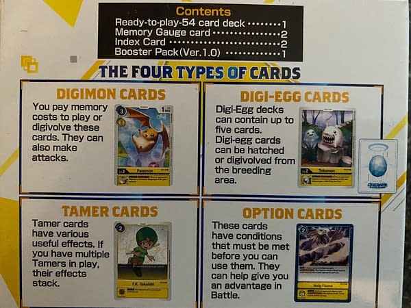 Explanations of each card type on the back of the Heaven's Yellow starter deck's packaging.