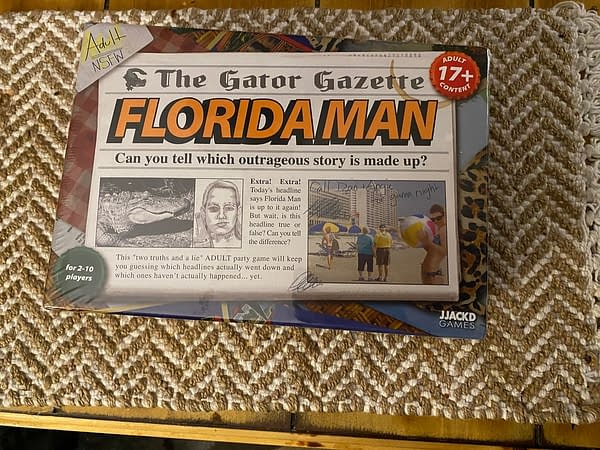 The front cover of the Florida Man board game by JJACKD Games and UltraPro. Note that this game is not safe for work and is billed for ages 17 and up.