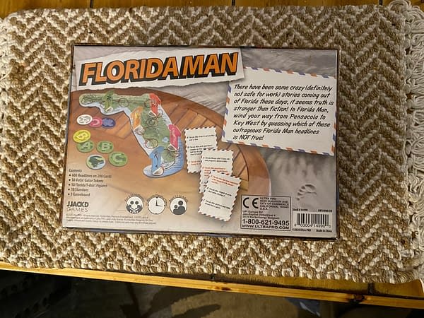 The back of the box for the Florida Man board game by JJACKD Games and UltraPro. Note that this game is not safe for work.