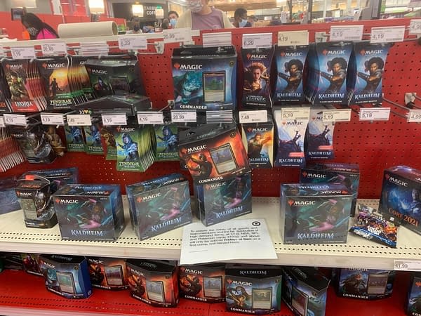A nearly full supply of Magic: The Gathering cards at a Target store. These cards are nonetheless being limited for purchase at the retailer.