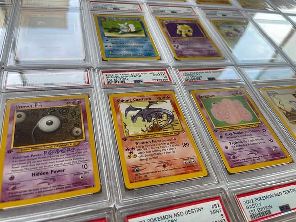 A small portion of the graded slabs of cards from the early Pokémon Trading Card Game, all of which are being auctioned on Whatnot this month.
