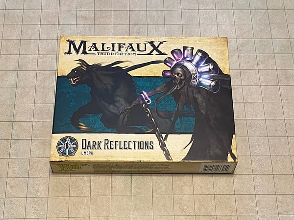 The front of the box for "Dark Reflections", a boxed set from Wyrd Miniatures' wargame Malifaux.