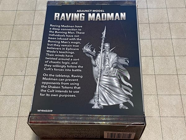 The rear of the box for the Raving Madman by Wyrd Miniatures for their wargame, The Other Side.