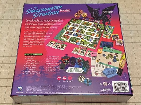 The rear face of the box for The Snallygaster Situation, a board game by Renegade Game Studios based on the Kids on Bikes RPG.