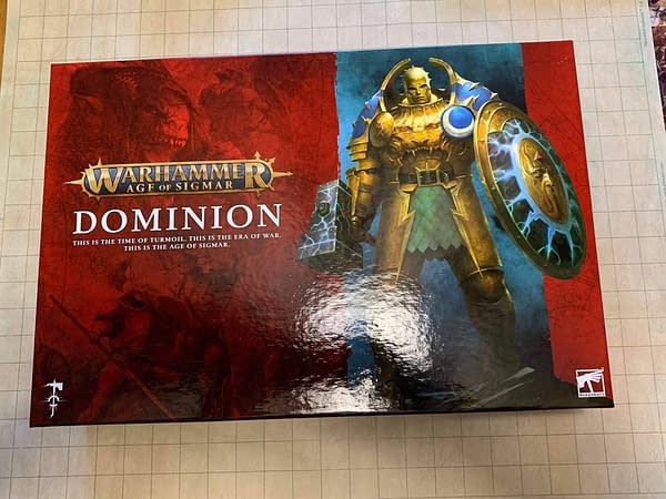 The top lid of Age of Sigmar: Dominion, the third edition starter set for the game, designed and produced by tabletop gaming industry giant Games Workshop.