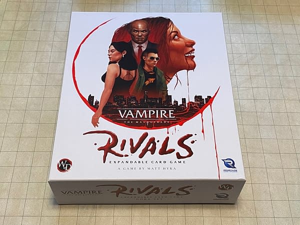 The front lid of the box for Vampire: The Masquerade Rivals, an expandable card game by Renegade Game Studios.