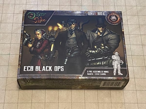 The box for the ECB Black Ops, a unit from the Cult of the Burning Man from The Other Side, a wargame by Wyrd Miniatures.