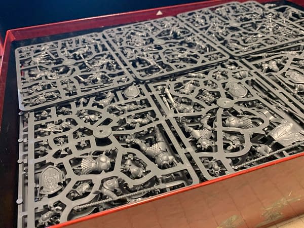 Merely the top layer of sprues from Age of Sigmar: Dominion, an upcoming release by Games Workshop. There are a lot of sprues in this box.