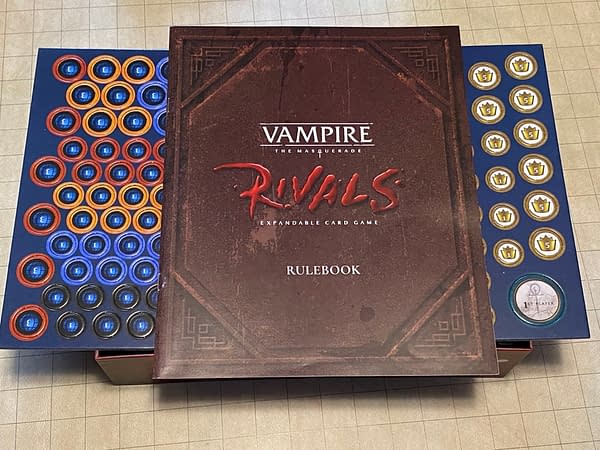 The core rulebook and tokens for Vampire: The Masquerade Rivals, an expandable card game by Renegade Game Studios.