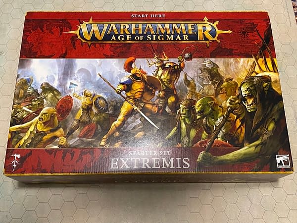 The front cover of the box for "Extremis", a starter set for Games Workshop's newest edition of Warhammer: Age of Sigmar.