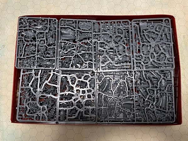 A selection of some of the model sprues from the "Extremis" boxed starter set for Games Workshop's third edition of their fantasy tabletop wargame, Warhammer: Age of Sigmar.