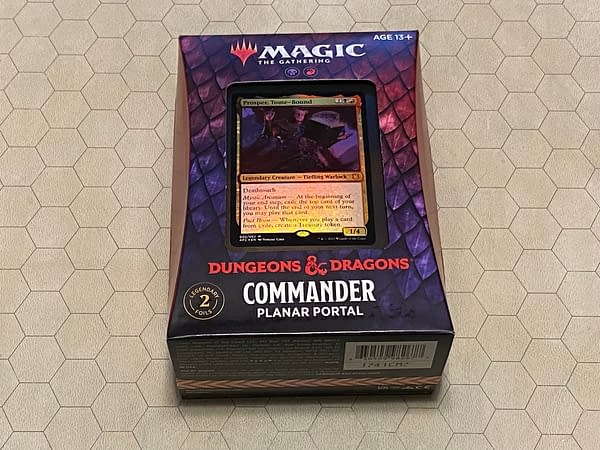 The front of the box containing "Planar Portal", the Commander deck coinciding with Adventures in the Forgotten Realms, an expansion set for Magic: The Gathering.