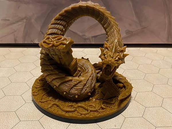 The highly-detailed "Snake God" giant snake miniature from Epic Encounters' latest module boxed set, "Temple of the Snake God", by Steamforged Games.