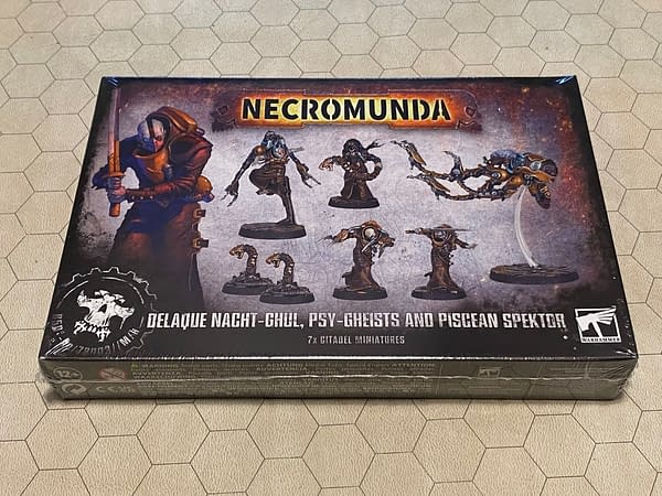 The front of the box for the Necromunda miniatures from House Delaque: Nacht-Ghul, Psy-Gheists and Piscean Spektor. Boxes attributed to Games Workshop.