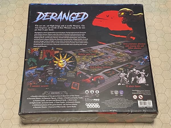 The rear of the box for Deranged, a dark fantasy board game by UltraPro Entertainment.