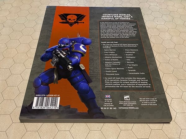 The back cover of the 2021 edition of Kill Team: Compendium by Games Workshop.