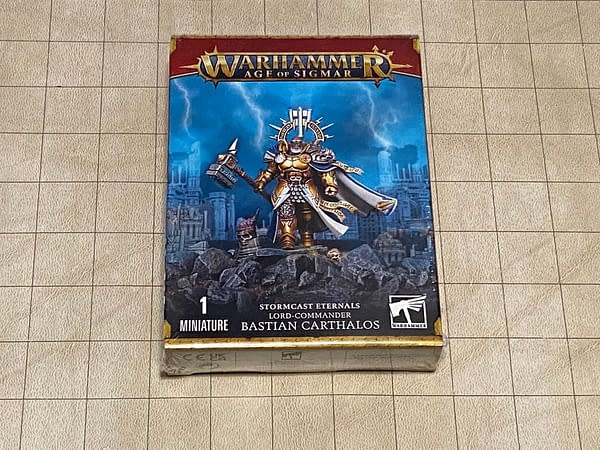 The front of the box for Bastian Carthalos, Lord-Commander of the Stormcast Eternals, a miniature for Age of Sigmar, a game by Games Workshop.