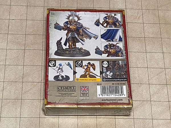 The back of the box for Bastian Carthalos, Lord-Commander of the Stormcast Eternals, a miniature for Age of Sigmar, a game by Games Workshop.