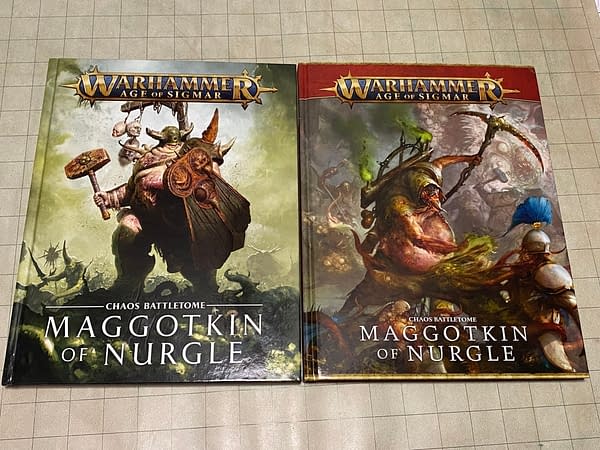 A comparison between the two front covers of the Maggotkin of Nurgle Battletomes, old and new respectively, for Age of Sigmar, a wargame by Games Workshop.