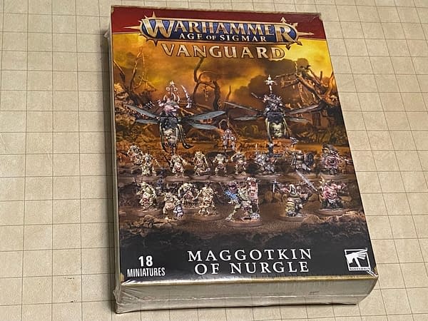 The front of the new Vanguard box for Maggotkin of Nurgle, an army from Age of Sigmar by Games Workshop.