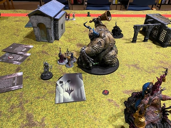 "A bonking we will go," says Daisy Hyacinth Sh!tmonger III, before hitting the final Deadwalker Zombies with her Doomsday Bell. Photo credit: Josh Nelson, during a Path to Glory campaign battle for Age of Sigmar, a fantasy wargame by Games Workshop.