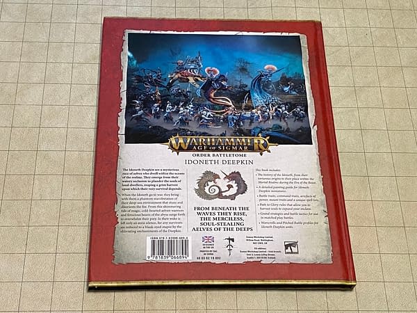 The back cover of the Battletome for the Idoneth Deepkin, an army from Age of Sigmar, a fantasy wargame by Games Workshop.
