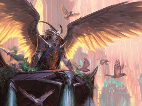 The full art for Falco Spara, Pactweaver, a new legendary creature card for Streets of New Capenna, the next upcoming expansion set for Magic: The Gathering. Illustrated by Jack Hughes.