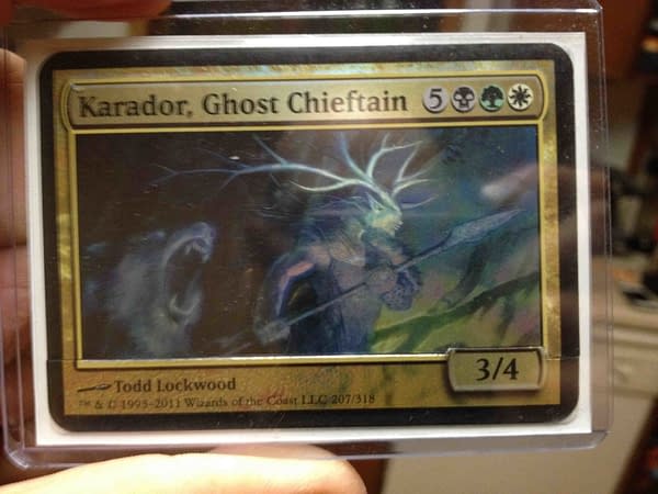An altered (cut-down) copy of the oversized card for Karador, Ghost Chieftain, one of the original new commanders from the first set of Magic: The Gathering preconstructed Commander decks.