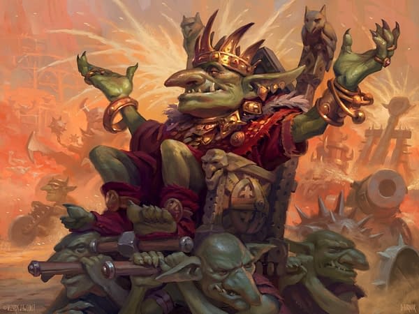 The full art for Muxus, Goblin Grandee, a card from Jumpstart, a supplemental expansion set for Magic: The Gathering. Illustrated by Dmitry Burmak.