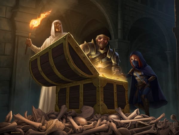 The full art for Treasure Chest, a card from Adventures In The Forgotten Realms, a Dungeons & Dragons crossover set for Magic: The Gathering. Illustrated by Dan Scott.