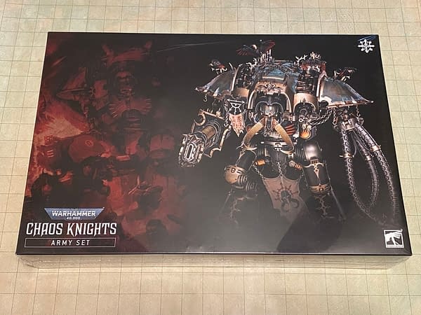 The front of the box for the Chaos Knights Army Set for Warhammer 40k, a tabletop wargame by Games Workshop.