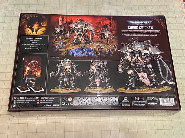 The back of the box for the Chaos Knights Army Set for Warhammer 40k, a tabletop wargame by Games Workshop.