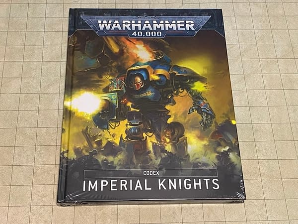 The front face of the codex for the Imperial Knights for the 9th edition of Warhammer 40k, a tabletop wargame by Games Workshop.